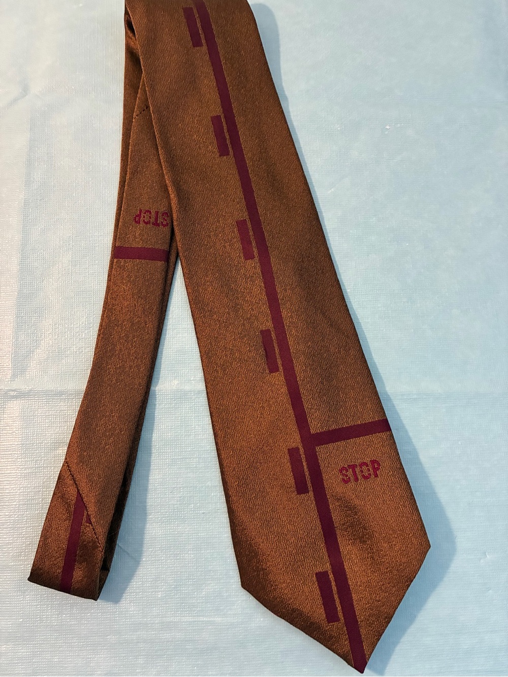 Moschino Silk Brown/Green Burgundy Striped Silk Tie Cravatte Italy ‘Stop’